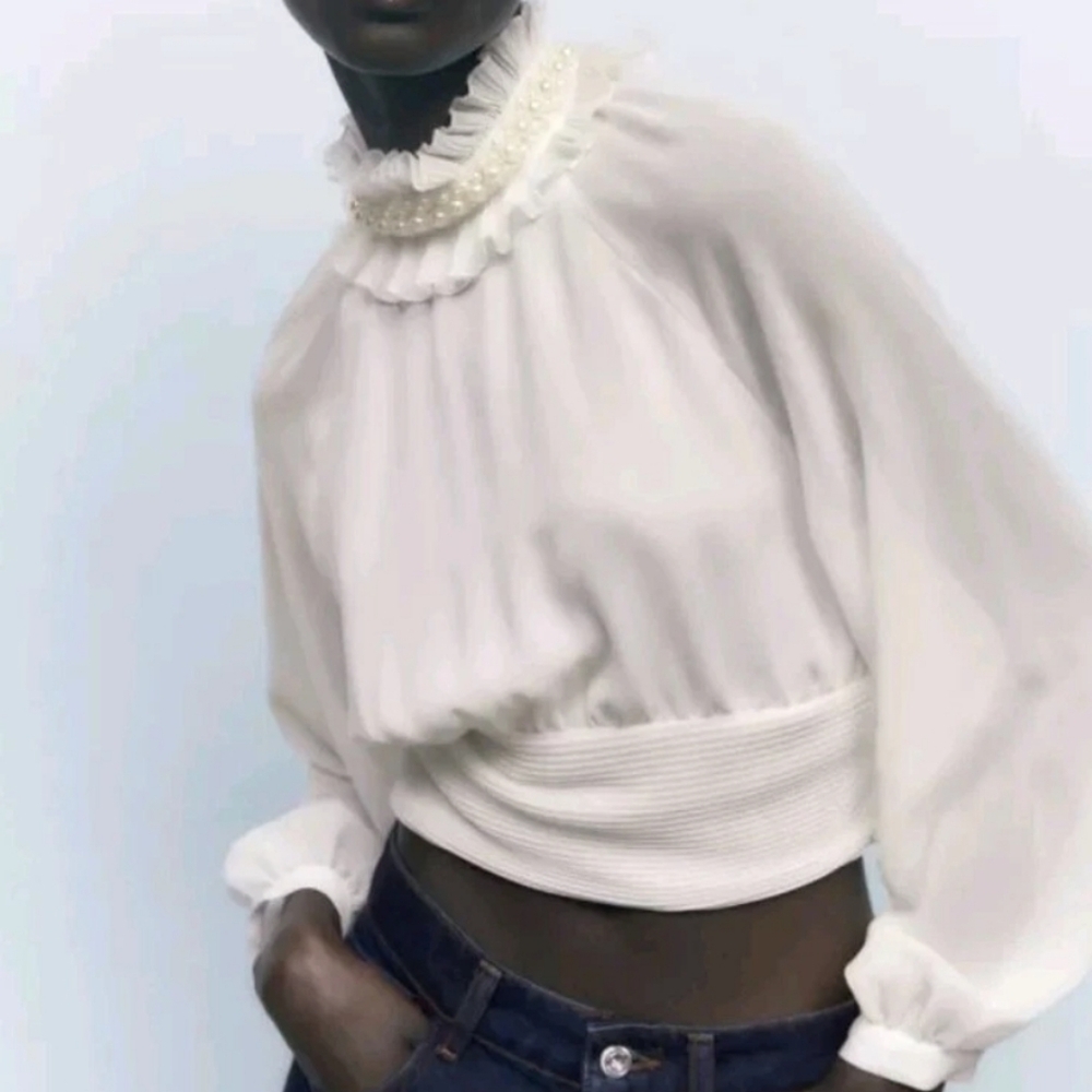 NWT Zara Women's Blouse Pearl Ruffle Top Long Wide Sleeves White US XL 12